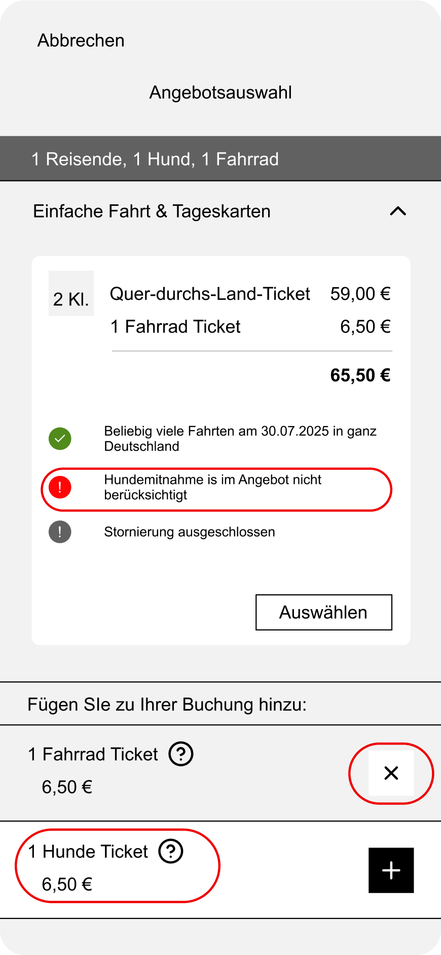 Mid-fidelity booking screen annotated during testing — a red note flags that taking a dog along isn't reflected in the offer