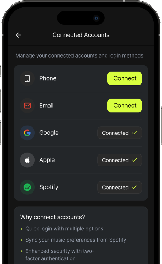 Connected accounts management screen